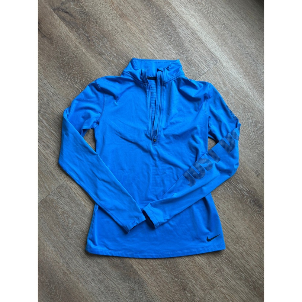 Nike Dri-FIT Womens Blue Quarter Zip Running Top Just Do It Sleeve Graphic L